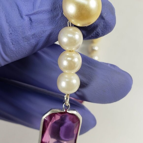 Off-White Bead Rectangular Shape Purple Stone Post Drop Dangle Earrings - Women - Picture 7 of 7